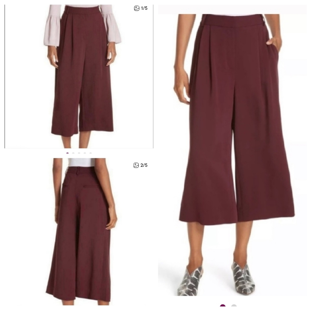 Tibi Stella Crop Maroon Red Pleated Wideleg Stretch Suiting Drapey Pants Size 8 - Picture 2 of 16